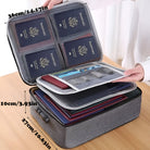 Travel document organizer with multiple compartments, holding passports and files. Compact, gray design, ideal for secure travel storage. Dimensions: 36x27x10cm.