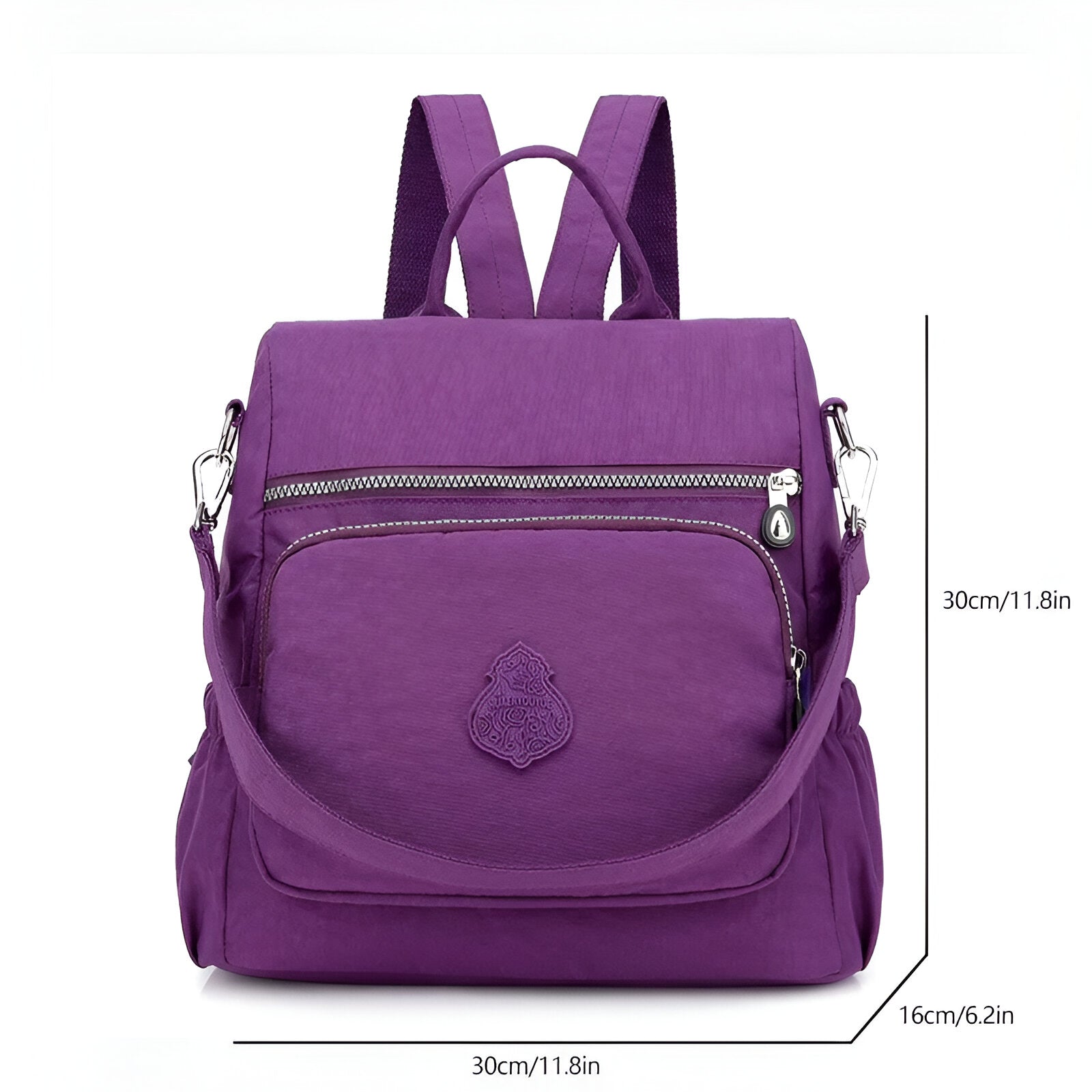 Purple nylon backpack with front zip pocket, adjustable straps, and silver hardware. Dimensions: 30cm x 30cm x 16cm. Stylish and durable design.