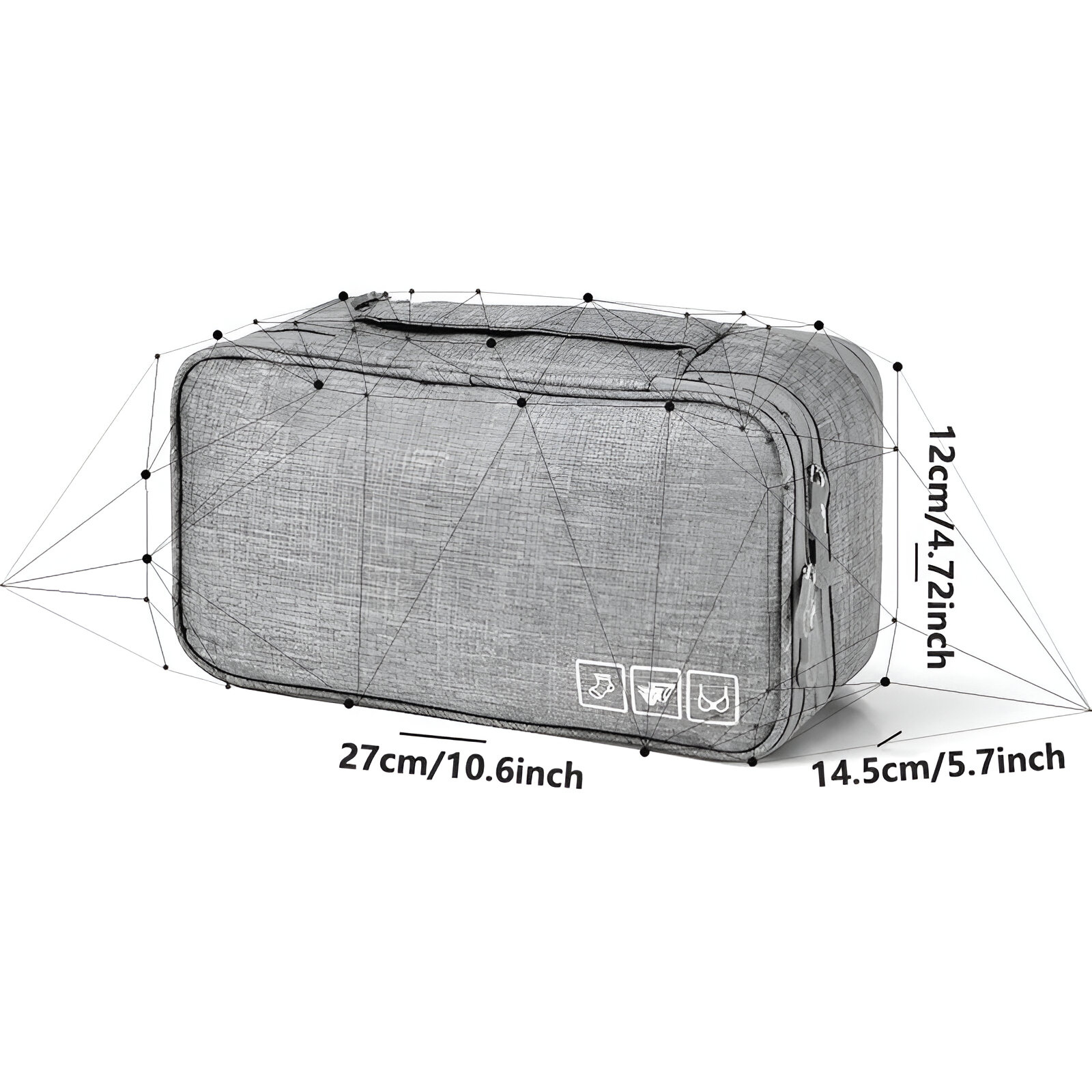 Gray travel toiletry bag with dimensions 27cm x 14.5cm x 12cm, featuring durable fabric, zip closure, and icons for water resistance and easy cleaning.