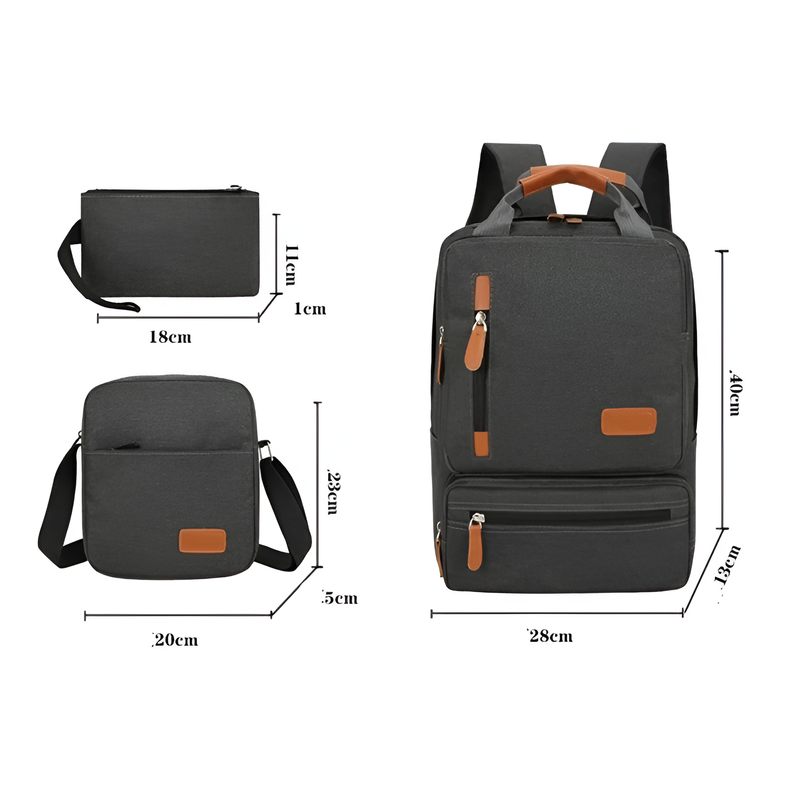 Black travel backpack set with dimensions; includes a 40cm backpack, 29cm shoulder bag, and 18cm pouch. Features leather accents and multiple compartments.