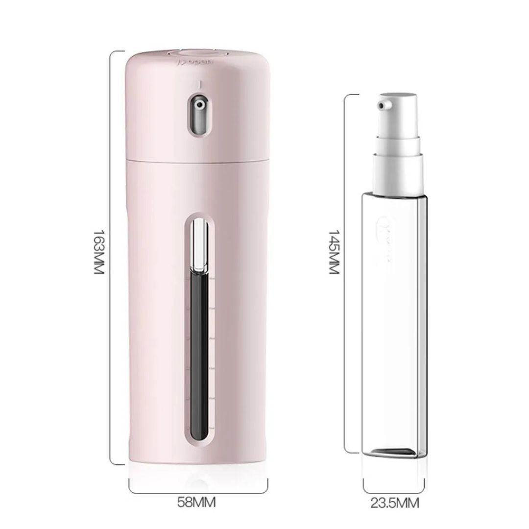 Portable pink mist sprayer and clear refillable bottle set with dimensions; compact design for skincare, travel, and beauty routines.