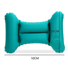 Teal inflatable travel pillow with ergonomic design, measuring 50cm by 31cm, ideal for neck support and comfort during flights or road trips.