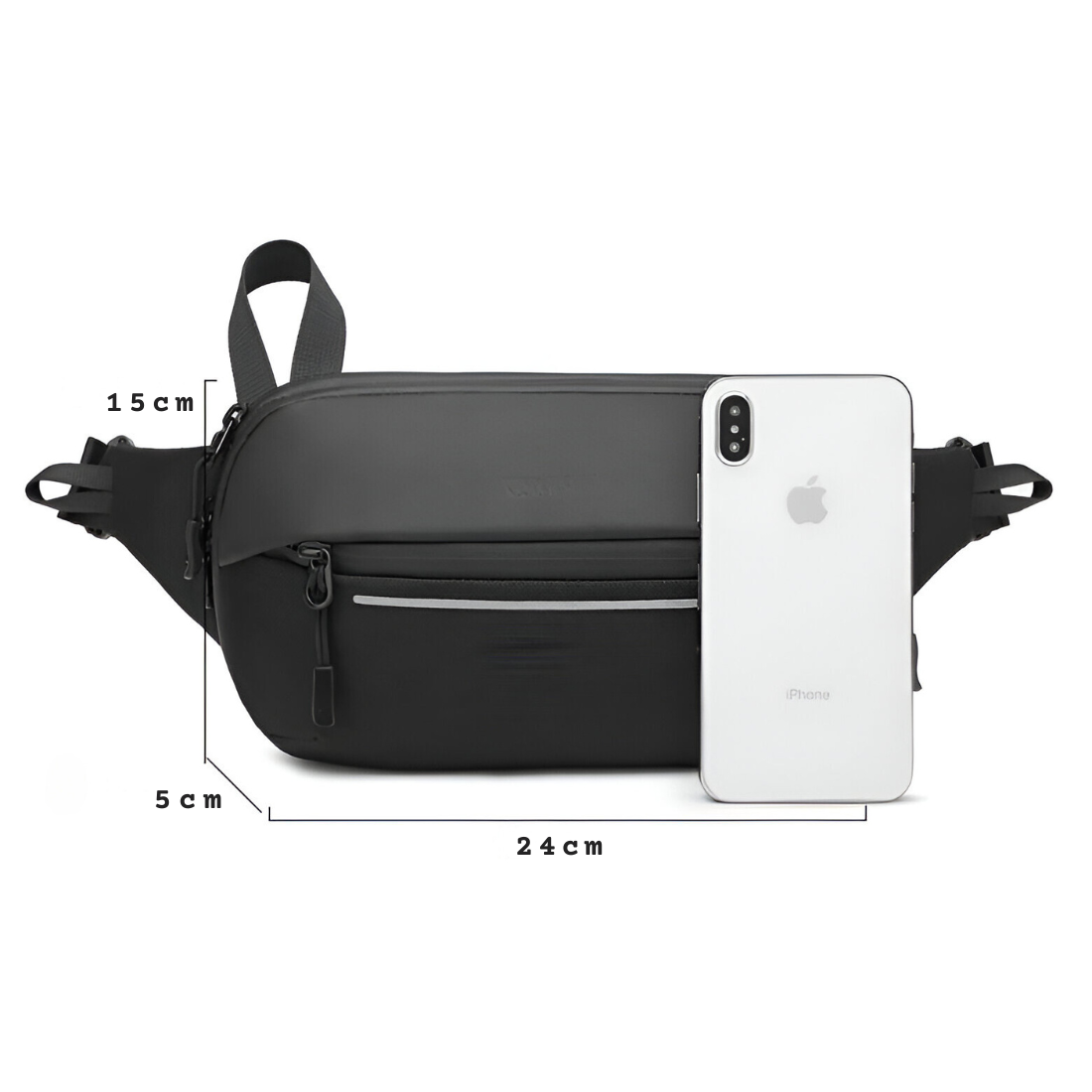 Black crossbody sling bag with adjustable strap, front zipper pocket, and sleek design, shown with iPhone for size comparison. Ideal for travel and daily use.