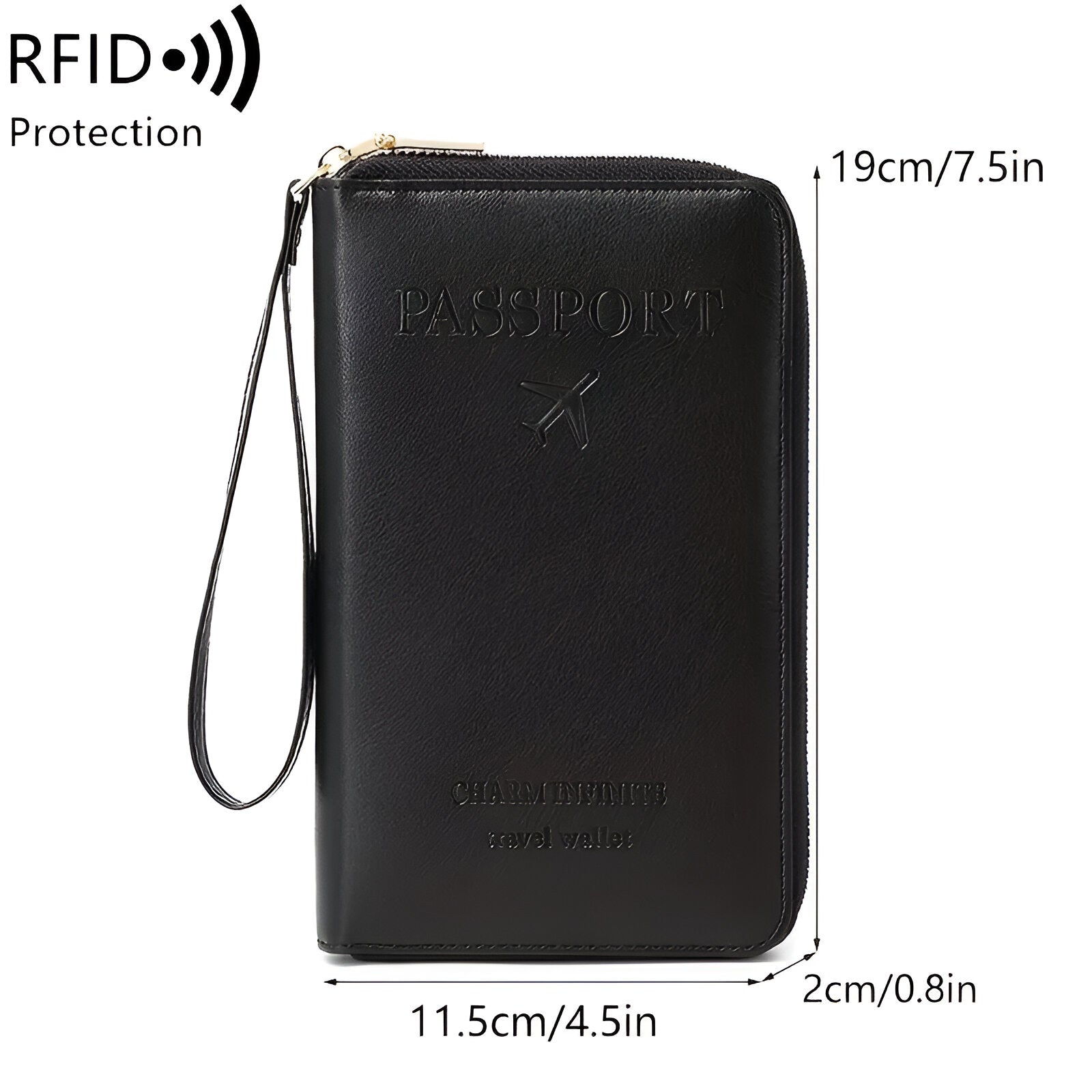 Black RFID-blocking travel wallet with wrist strap, embossed "Passport" and airplane design, dimensions 19x11.5x2 cm, ideal for secure travel.