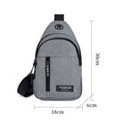 Gray crossbody sling bag with adjustable strap, front zipper pocket, and "Fashion" label. Dimensions: 30cm x 18cm x 6cm. Ideal for travel and daily use.