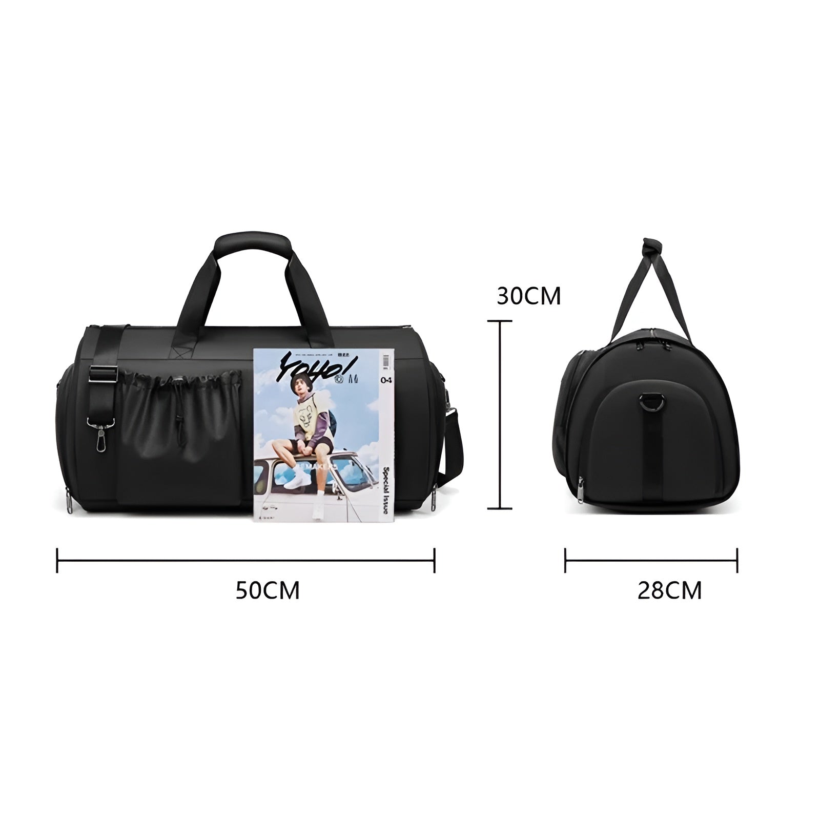 Black gym duffel bag with side pocket, adjustable strap, and magazine holder. Dimensions: 50cm length, 28cm width, 30cm height. Ideal for travel.