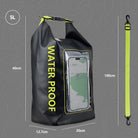 5L waterproof dry bag with phone pocket, black with neon accents, 40cm height, 20cm width, 12.7cm depth, includes 100cm detachable strap.