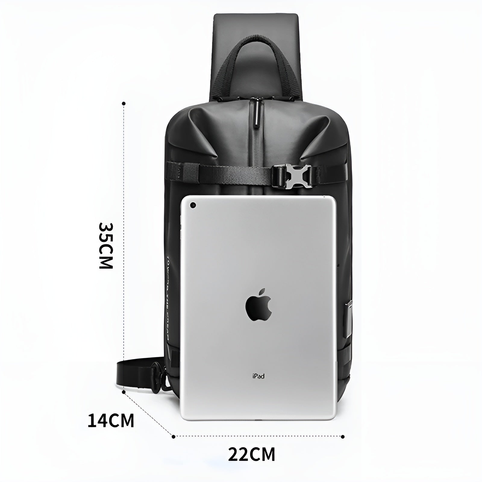 Sleek black anti-theft backpack with USB charging port, shown with iPad for size comparison. Ideal for travel, work, and tech-savvy users.