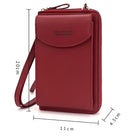 Red leather crossbody phone wallet with wrist strap, featuring multiple compartments. Dimensions: 20cm x 11cm x 4.5cm. Stylish and functional accessory.