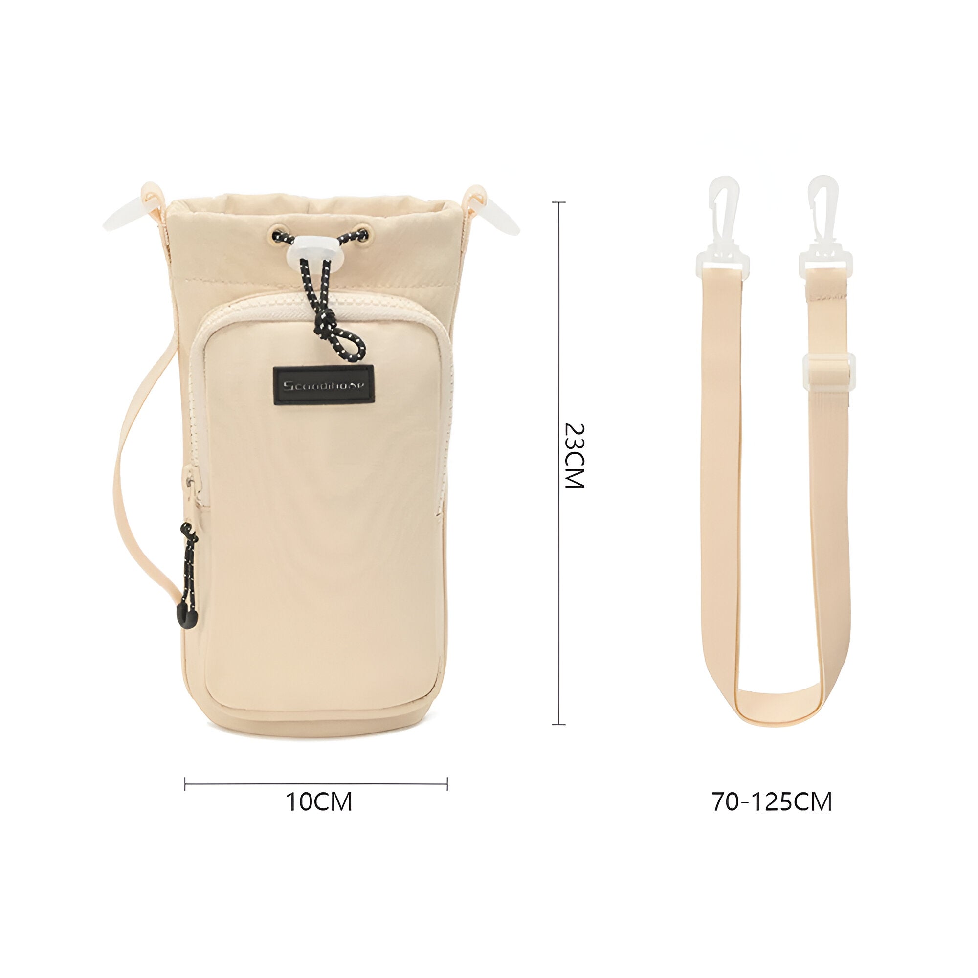 Beige crossbody water bottle holder with adjustable strap, front zipper pocket, and drawstring closure. Ideal for travel and outdoor activities.