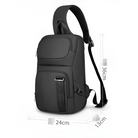 Sleek black Mark Ryden sling backpack with ergonomic design, adjustable strap, and multiple compartments. Dimensions: 36cm x 24cm x 13cm. Ideal for travel.