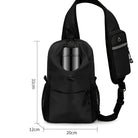 Black sling backpack with water bottle holder, adjustable strap, and multiple pockets. Compact design, ideal for travel and outdoor activities.