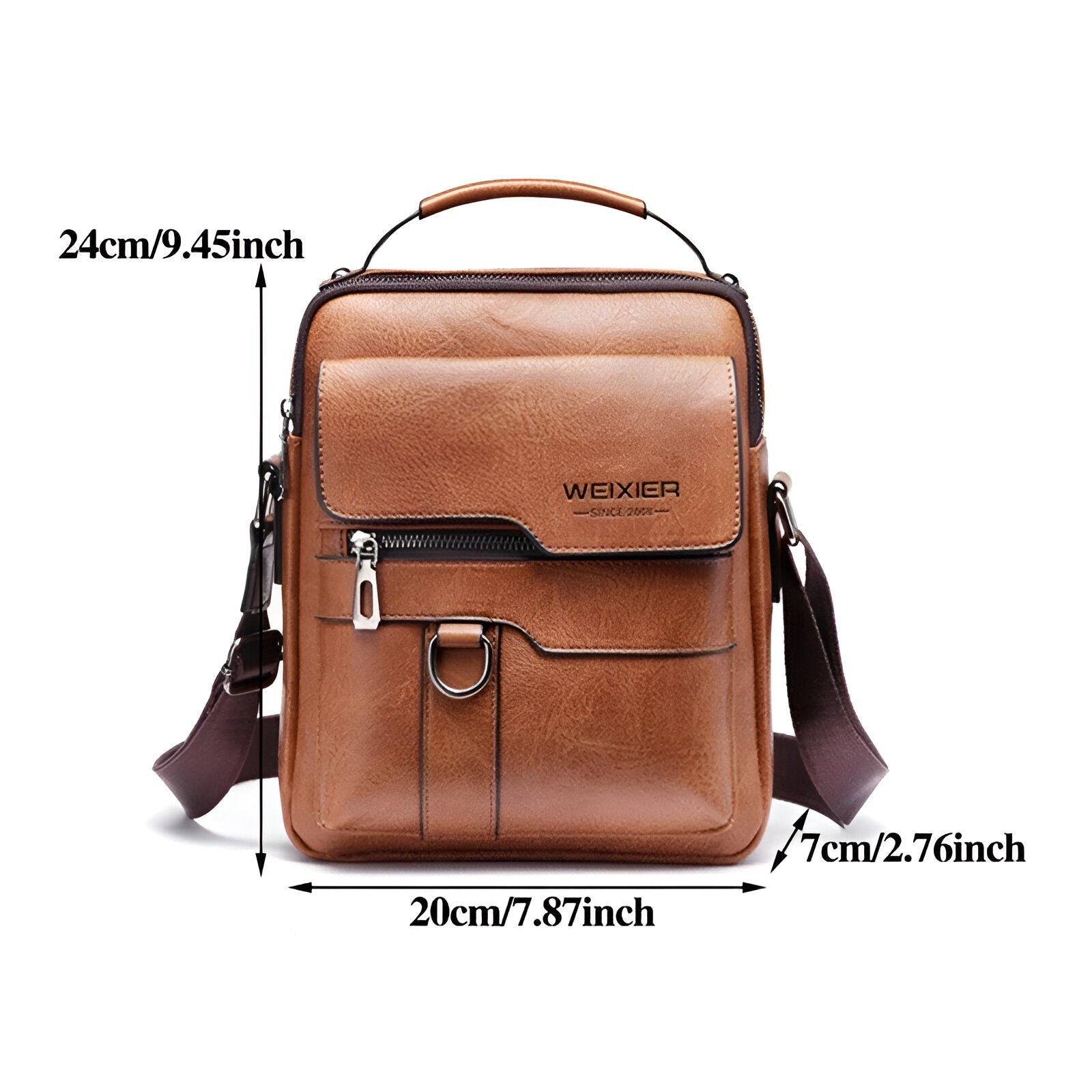 Brown leather crossbody bag with adjustable strap, front pocket, and secure zipper. Dimensions: 24cm x 20cm x 7cm. Stylish men's shoulder bag.