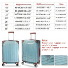 Light blue hard-shell luggage with telescopic handle and four wheels, displayed alongside a size chart for height, width, and thickness measurements.