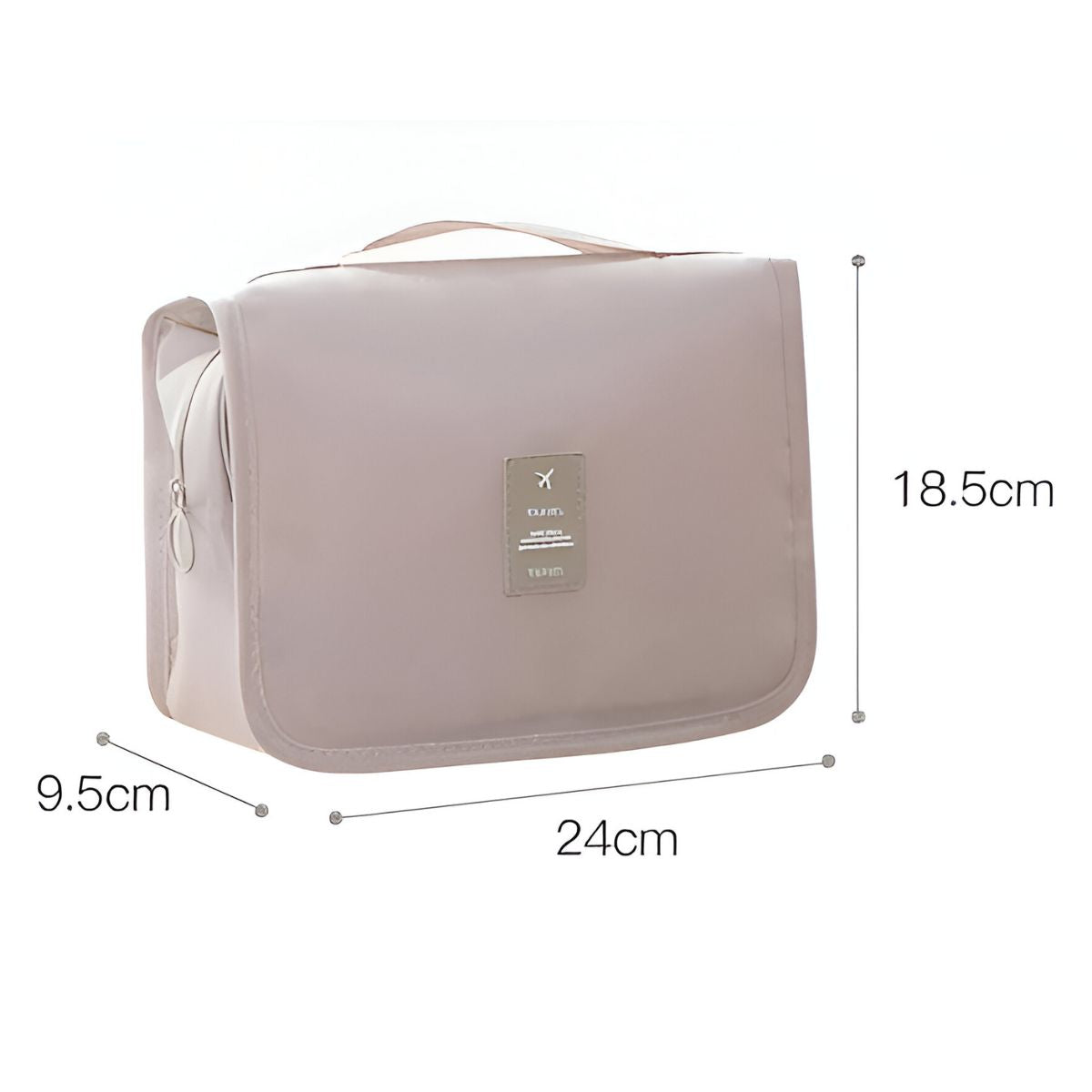 Beige travel toiletry bag with handle, zipper closure, and dimensions 24cm x 18.5cm x 9.5cm. Ideal for organizing cosmetics and toiletries.