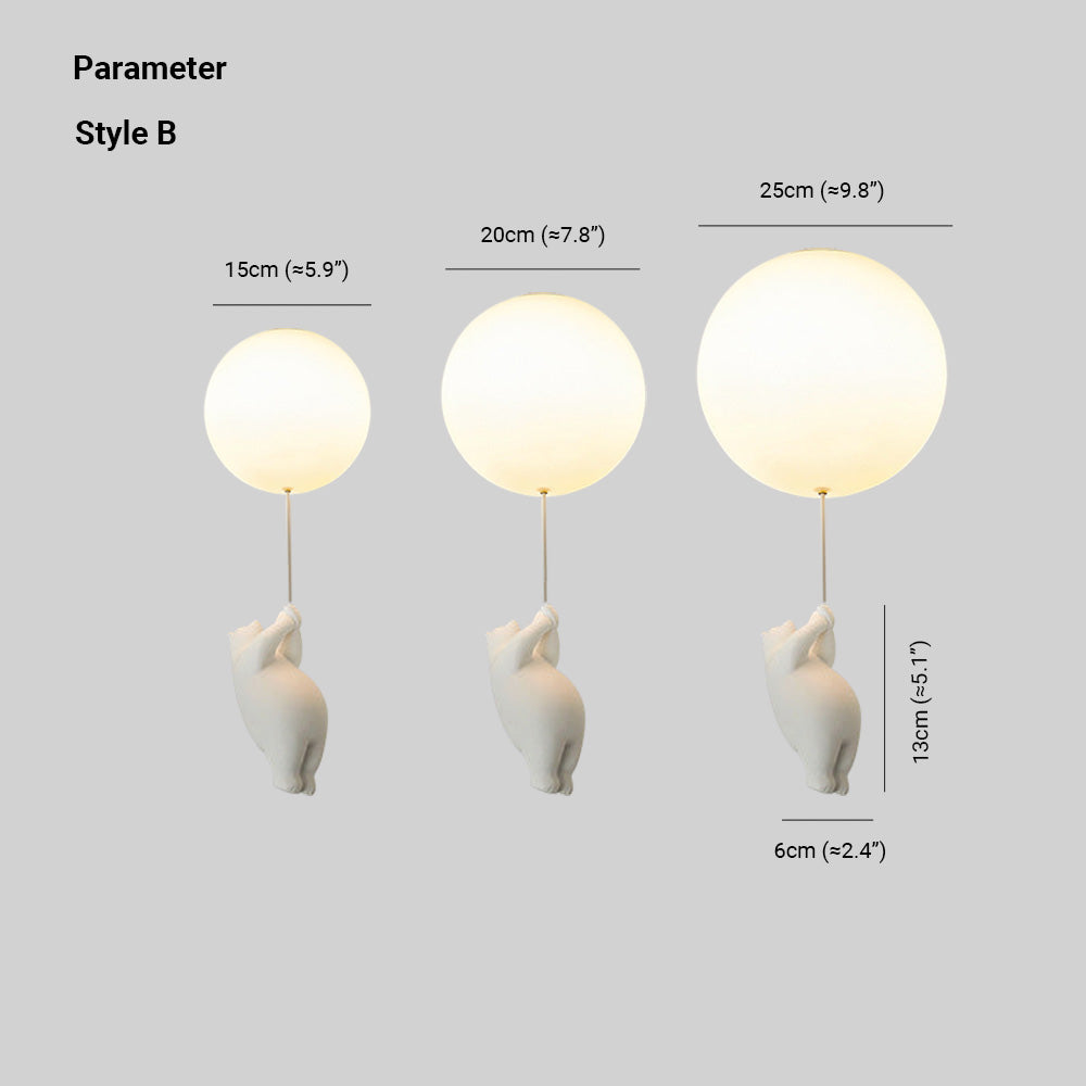 Three white balloon wall lamps with rabbit designs, available in sizes 15cm, 20cm, and 25cm. Modern home decor lighting, playful and stylish.