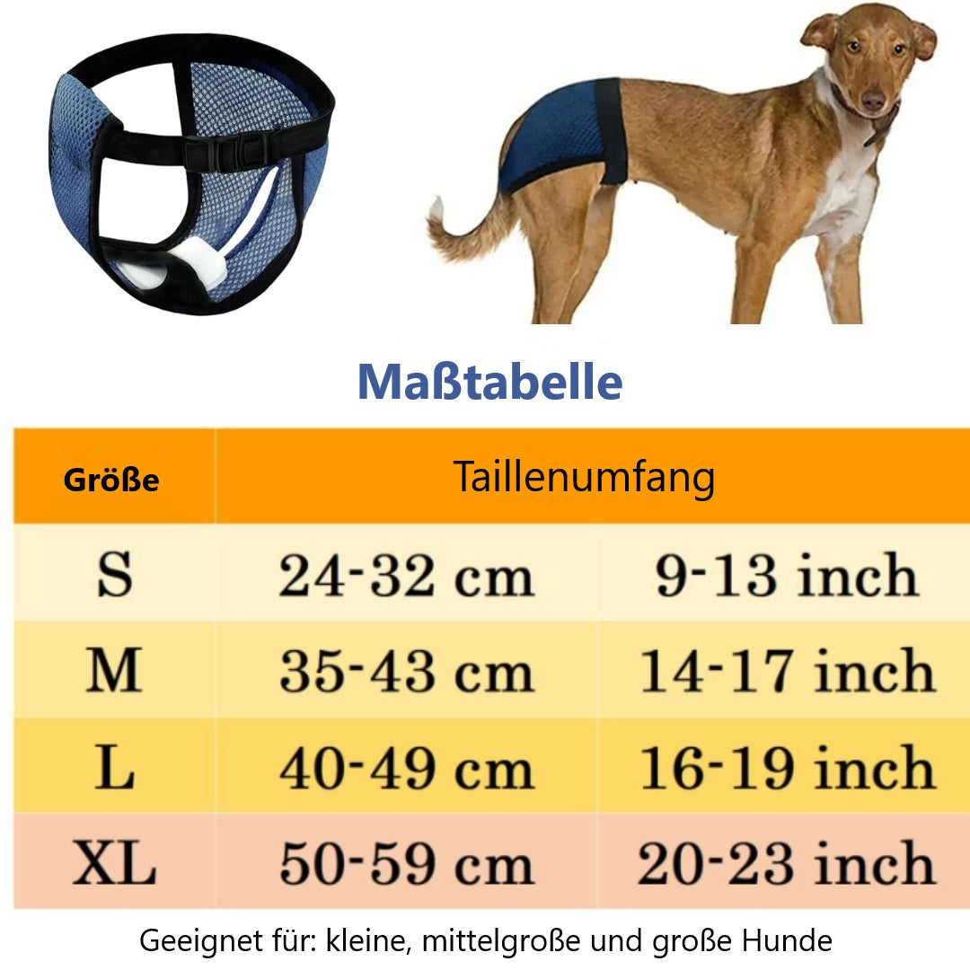 Dog hip support harness with size chart in German, featuring small to extra-large options. Ideal for small, medium, and large dogs.