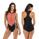 Women's sporty one-piece swimsuit, black and pink, with geometric patterns and front zipper. Ideal for swimming and beach activities.