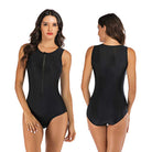 Black one-piece sporty swimsuit with front zipper, sleeveless design, and high-cut legs. Ideal for swimming and beachwear.