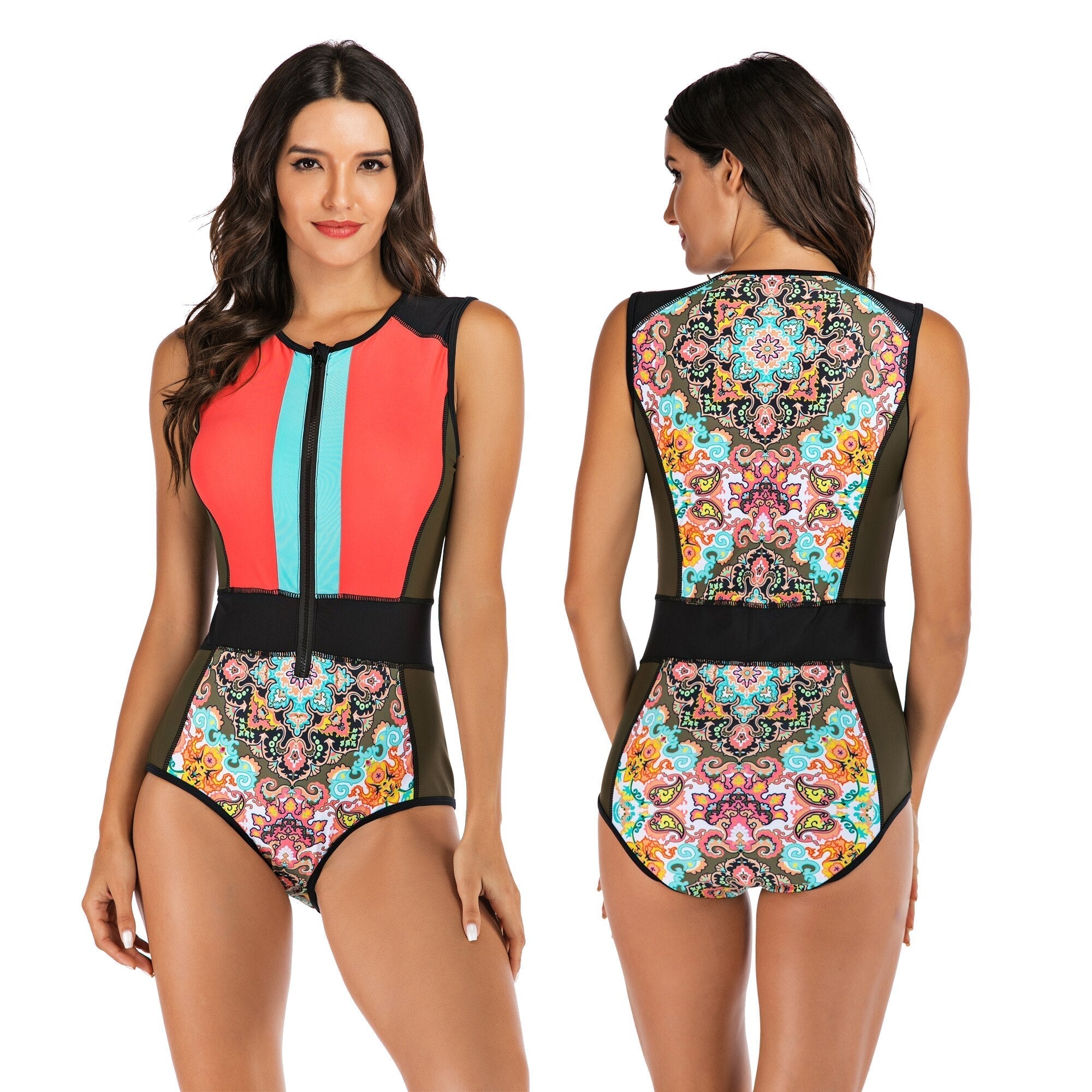 Women's one-piece sporty swimsuit, pink and multicolor, featuring a front zipper and vibrant geometric patterns. Perfect for active swimwear fashion.