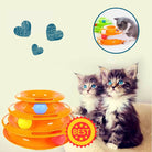 Orange cat toy tower with colorful balls, two fluffy kittens, and heart graphics. Ideal interactive pet toy for playful cats. Best choice for kittens.