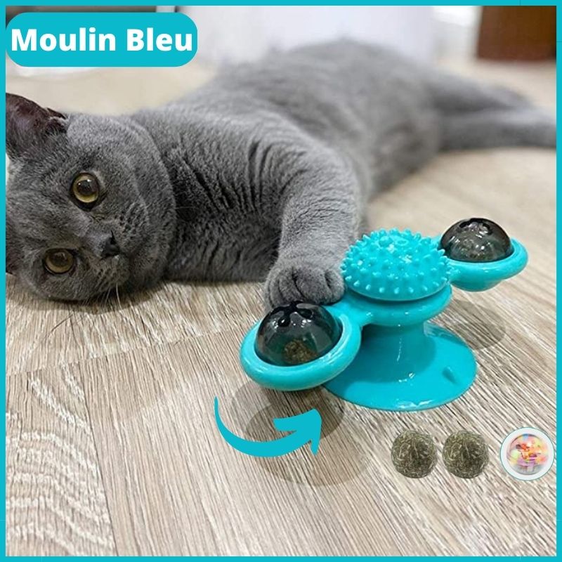 Interactive blue cat toy with suction base and spinning balls, engaging pet play. Perfect for indoor cats, promotes exercise and mental stimulation.