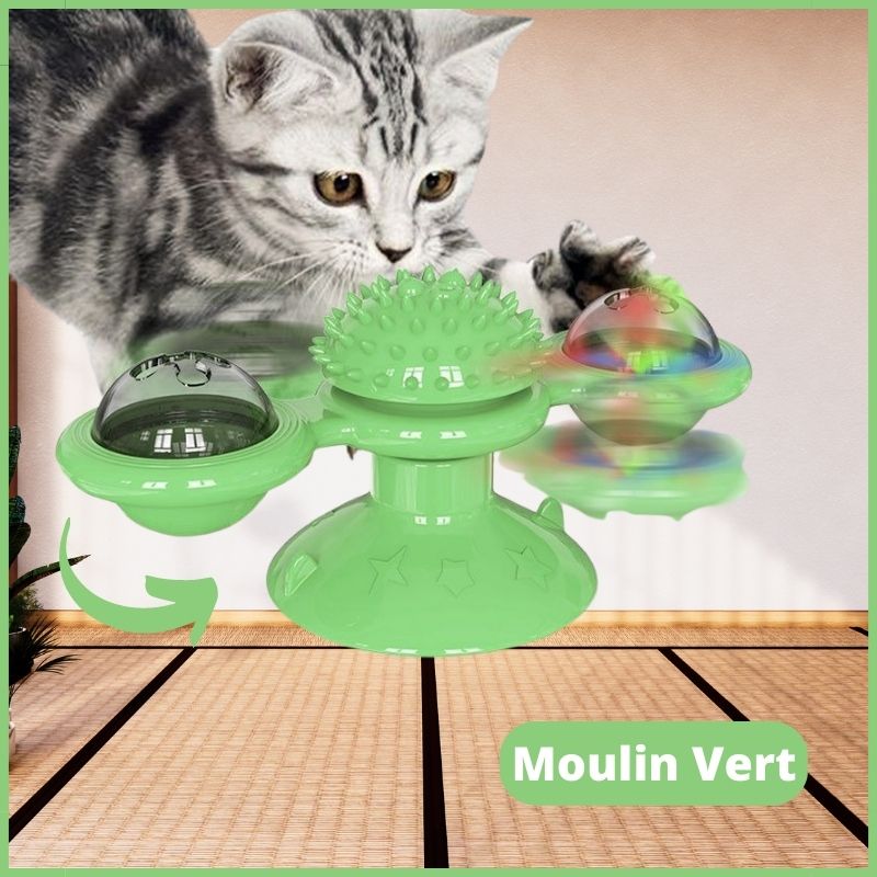 Interactive green cat toy with spinning elements and textured center, designed for playful engagement. Perfect for stimulating feline activity.