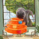 Gray cat playing with an orange spiral cat toy featuring colorful balls, set in a cozy room with large windows and green plants. Perfect for pet entertainment.