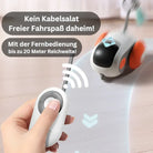 Remote-controlled toy car with wireless controller, featuring orange wheels and sleek design. German text highlights 20-meter range and tangle-free operation.