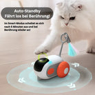 Interactive cat toy with auto-standby feature, motion sensor, and LED lights, engaging white cat in play. Ideal for pet entertainment and exercise.