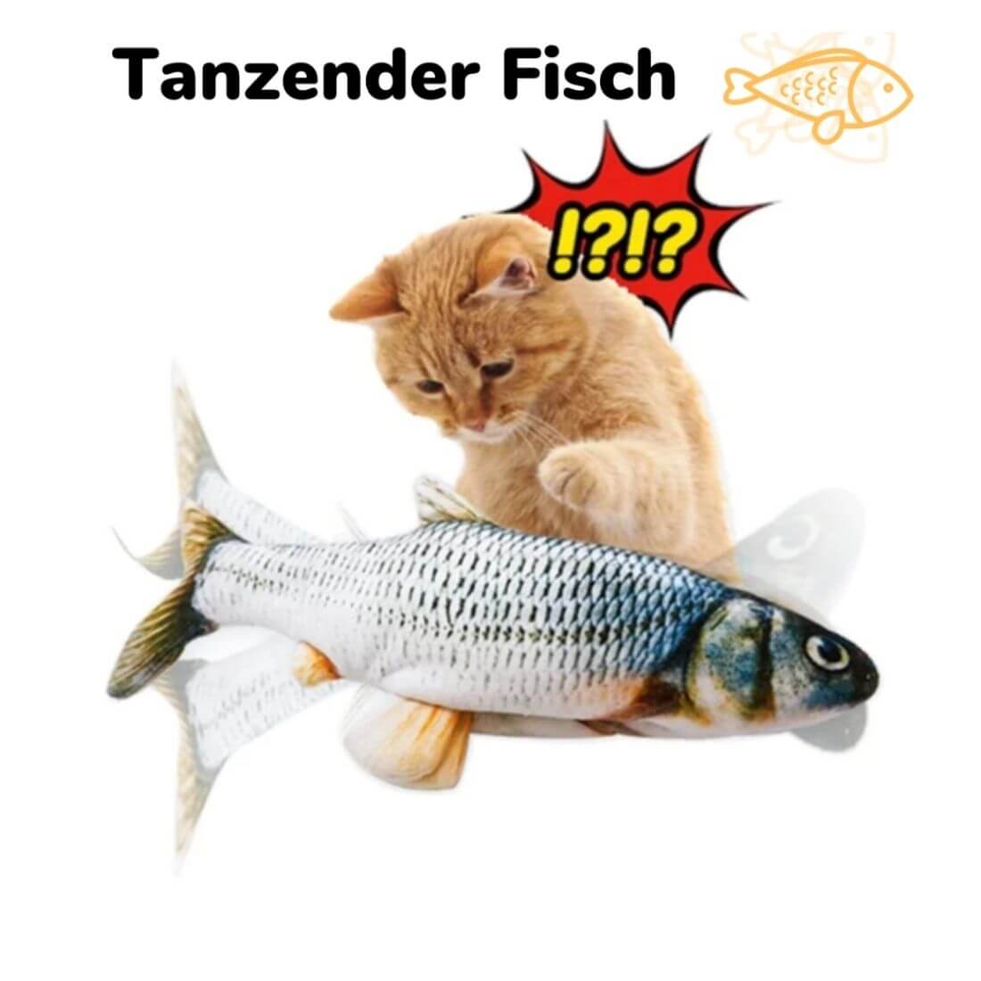 Cat playing with a realistic flopping fish toy filled with catnip, labeled "Tanzender Fisch." Perfect interactive pet toy for playful cats.