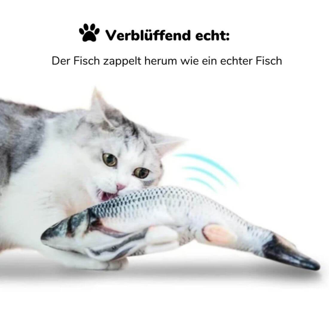 Cat playing with a realistic flopping fish toy filled with catnip, designed to mimic real fish movements. Perfect interactive pet toy for cats.