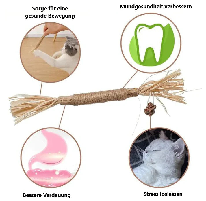 Natural cat toy with benefits: promotes healthy movement, improves oral health, aids digestion, and reduces stress. Ideal for playful, healthy cats.