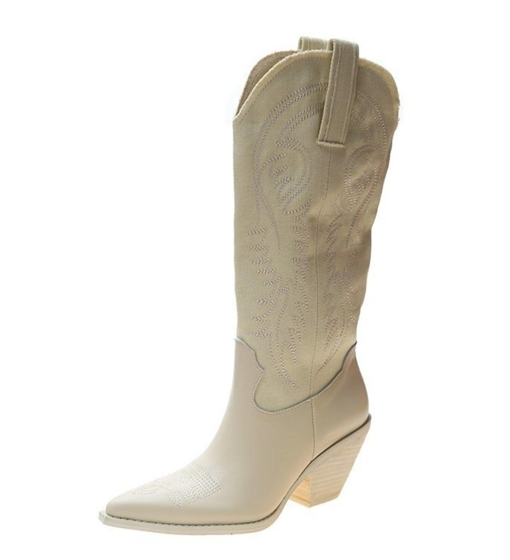 Knee-high women's leather cowboy boots, beige, with intricate stitching and pointed toe, featuring a stacked wooden heel. Fashion footwear.