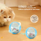 Cat playing with interactive motorized toy ball, featuring a rotating plush mouse inside. Ideal for pet entertainment and exercise.