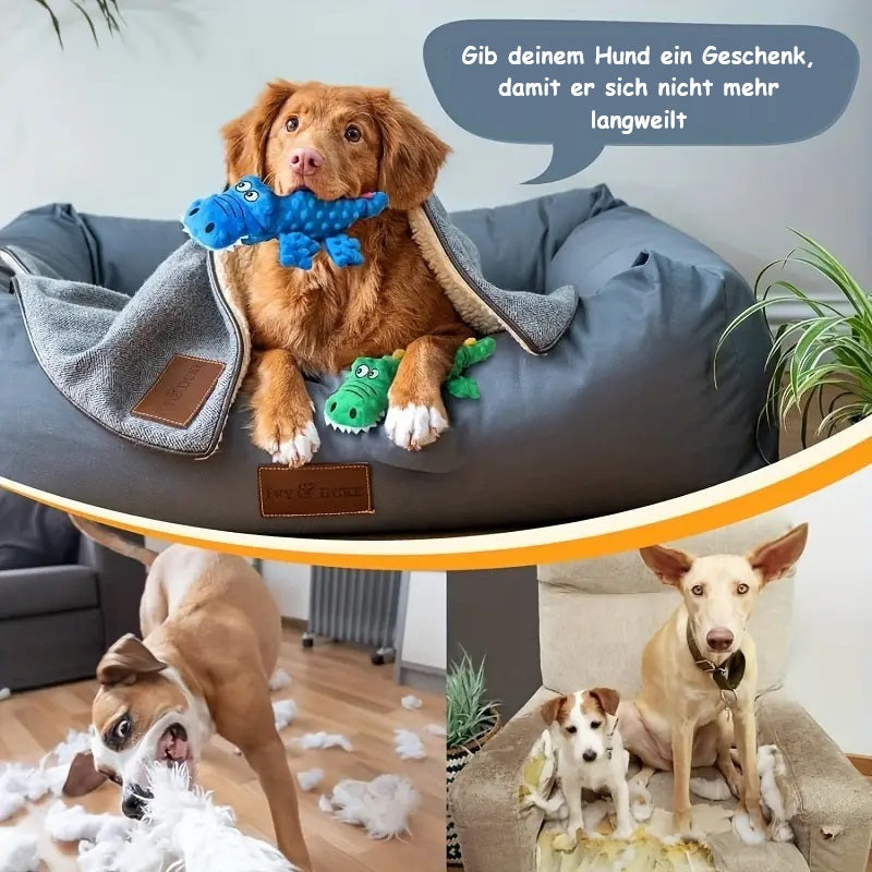 Dog on a cozy bed with plush toys, promoting pet gifts. Text in German suggests gifting to prevent boredom. Ideal for pet care and dog toy keywords.