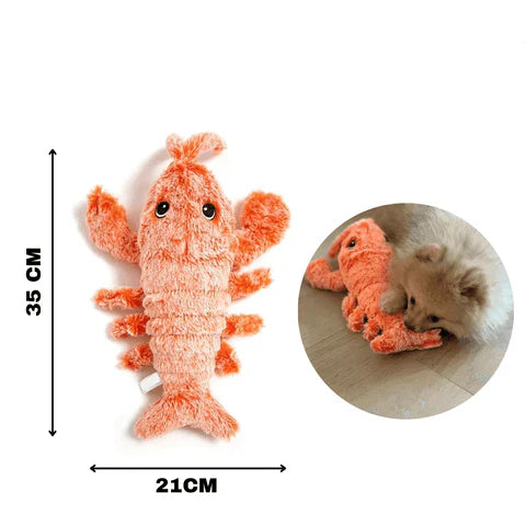 Plush lobster toy, 35cm x 21cm, orange, soft texture, perfect for pets. Includes image of a dog playing with the toy. Ideal pet accessory.