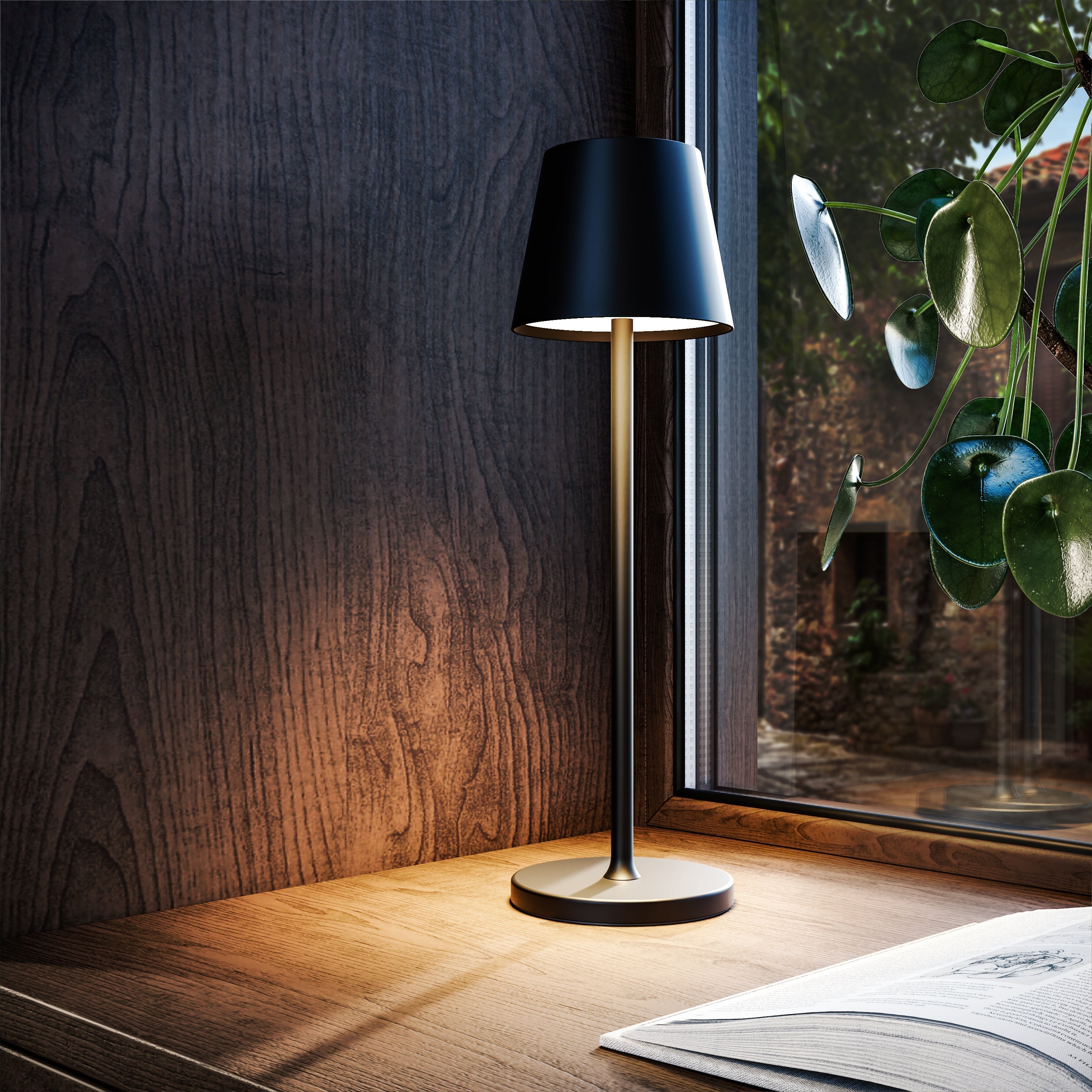 Modern black table lamp with sleek design on wooden desk near window, illuminating a cozy interior space. Ideal for home office or reading nook.