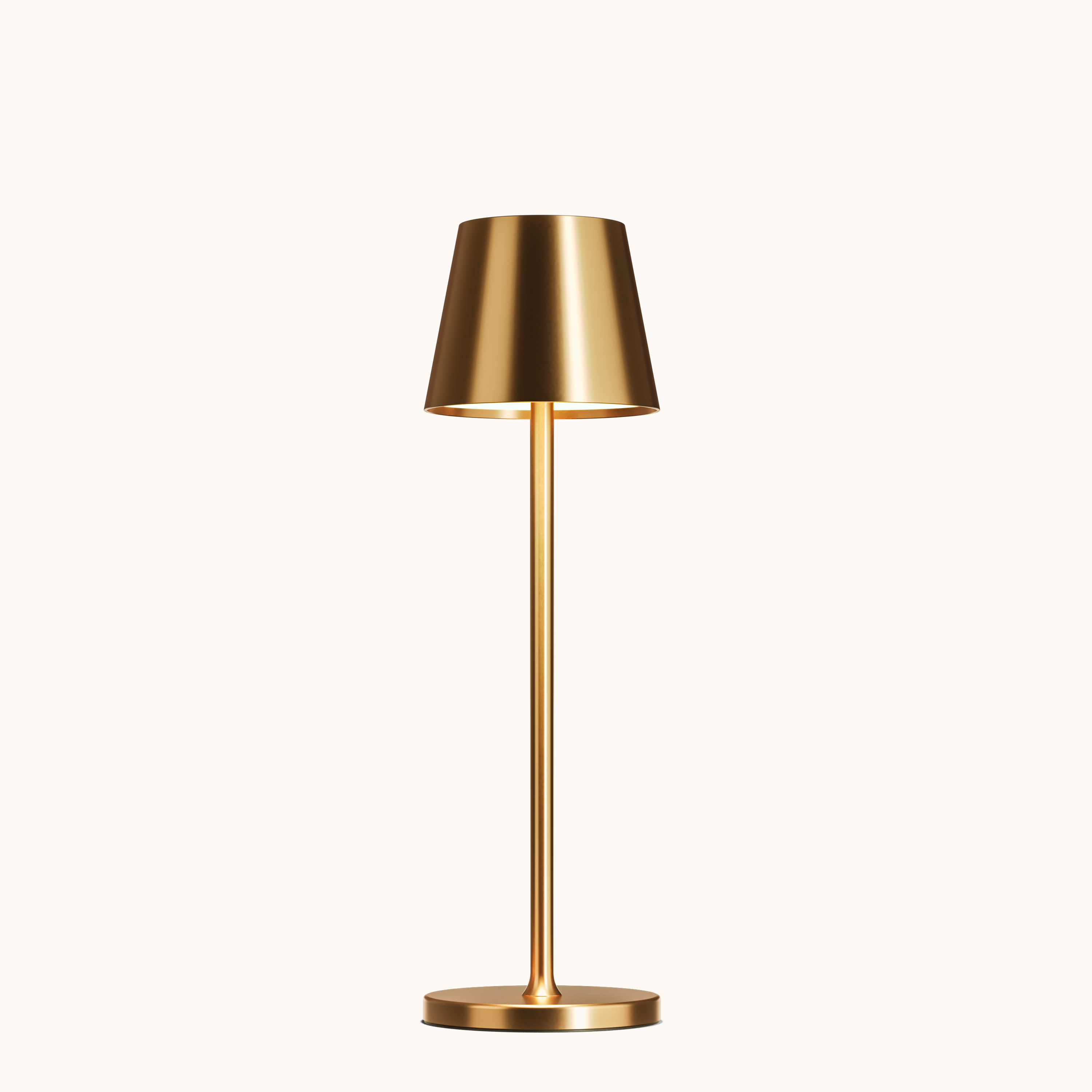 Modern gold table lamp with sleek design, illuminated on white background. Perfect for contemporary home decor and ambient lighting solutions.