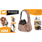 Ferplast Safari pet carrier bag for cats and small dogs, foldable design, adjustable strap, safety belt, max 5 kg capacity, beige color.