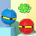 Colorful transforming magic balls in blue, red, and green on geometric backgrounds. Interactive toy for kids, stress relief, and fun play.