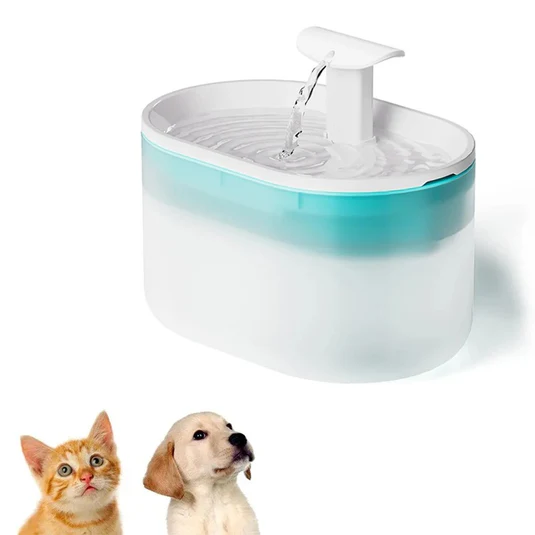 Pet water fountain with flowing spout, ideal for cats and dogs. Modern design, white and teal color, promotes hydration. Perfect for pet care.