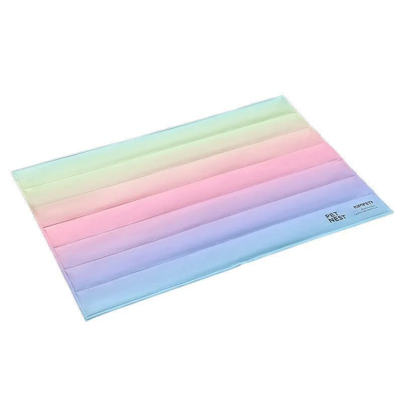 Colorful pastel pet cooling mat with striped design, ideal for summer heat relief. Lightweight, portable, and perfect for dogs and cats.