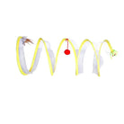 Yellow spiral cat toy with feathers, red pom-pom, and green plush mouse. Interactive pet play accessory for feline entertainment and exercise.