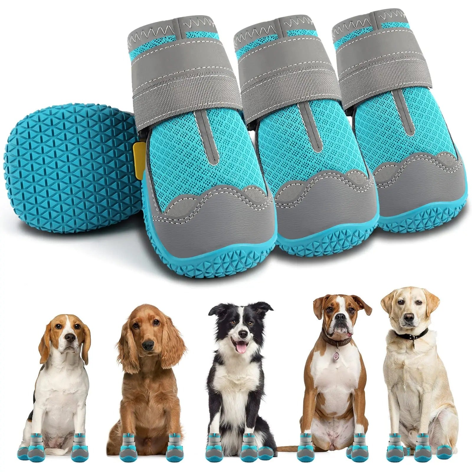 Blue and gray dog boots with anti-slip soles, displayed with various dog breeds. Durable pet footwear for outdoor protection and comfort.