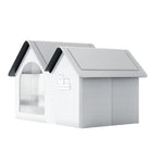 Gray foldable pet house with dual peaked roofs, transparent window, and "Welcome Home" design. Ideal for cats and small dogs. Durable and portable.