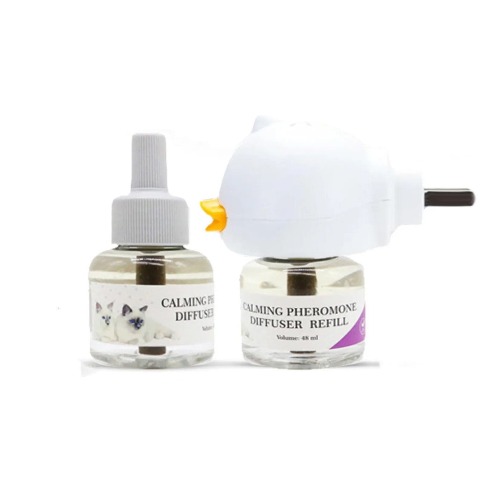 Calming pheromone diffuser and refill set for pets, featuring a plug-in diffuser and 48 ml refill bottle. Ideal for stress relief and anxiety reduction.