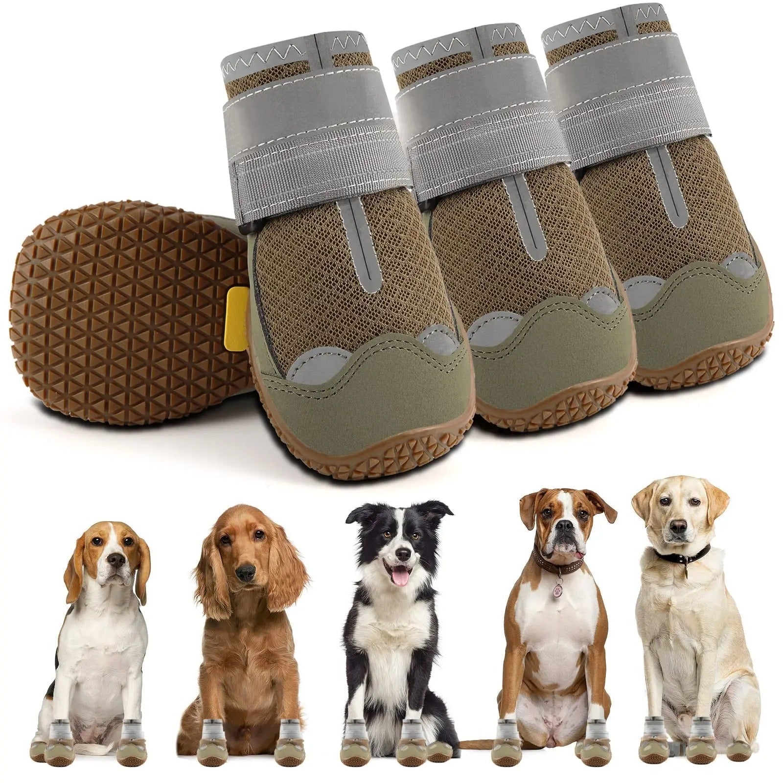 Durable dog boots with anti-slip soles, adjustable straps, and breathable mesh fabric, ideal for outdoor adventures. Perfect for medium to large dogs.