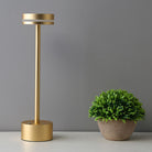 Modern gold table lamp with sleek design next to a small potted plant on a white surface, perfect for contemporary home decor and ambient lighting.