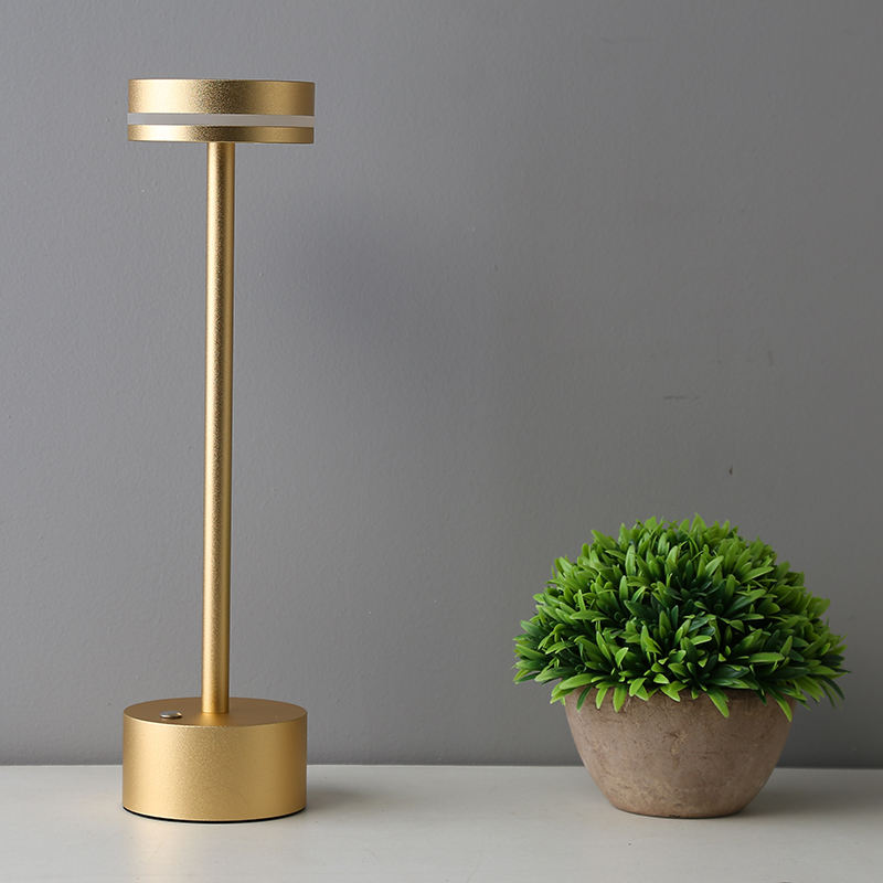 Modern gold table lamp with sleek design next to a small potted plant on a white surface, perfect for contemporary home decor and ambient lighting.